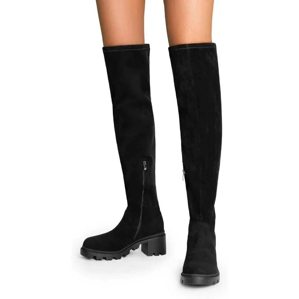 Women's Black-suede Faux Leather Knee High Over The Knee High Chunky Heel Boots